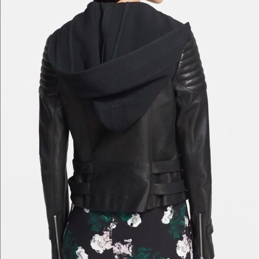 A.L.C. Hooded Black Leather Biker Jacket with removable hood. 12 NWT Pristine - Picture 3 of 12